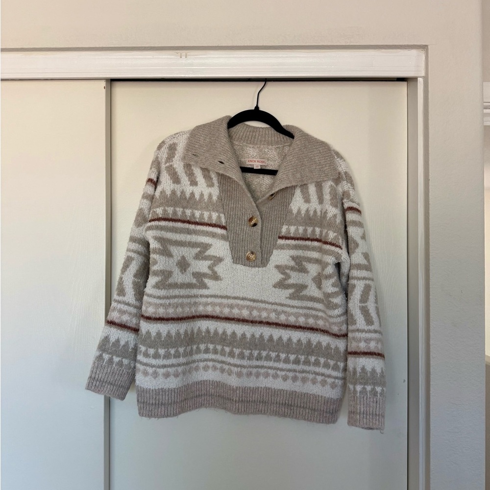 Knox Rose Beige and Gray Patterned Cowl Sweater